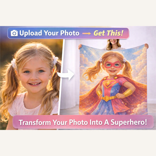 🦸 Turn Your Photo Into a Superhero Blanket – Cute Hero Edition – Just Upload a Photo