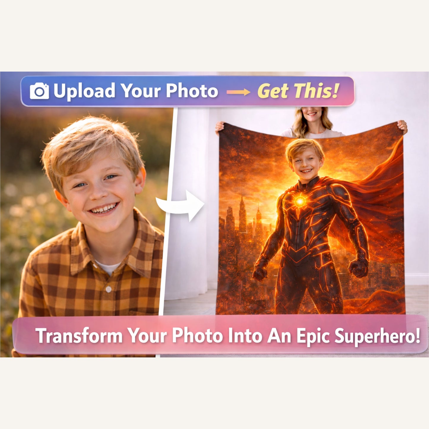 ⚡ Turn Your Photo Into an Epic Superhero Blanket – Action Hero Edition – Just Upload a Photo