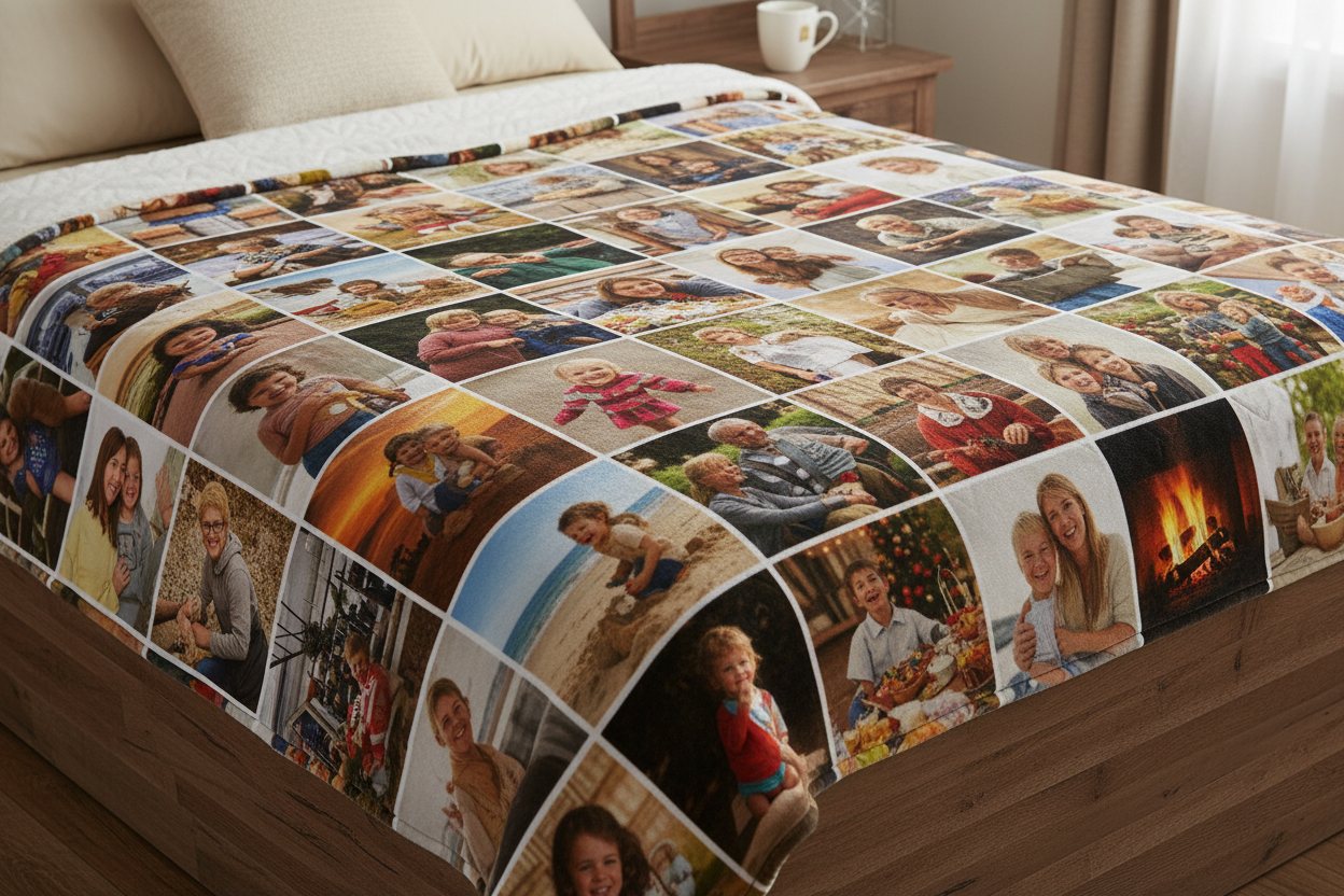 a custom blanket of a collage of photos on it