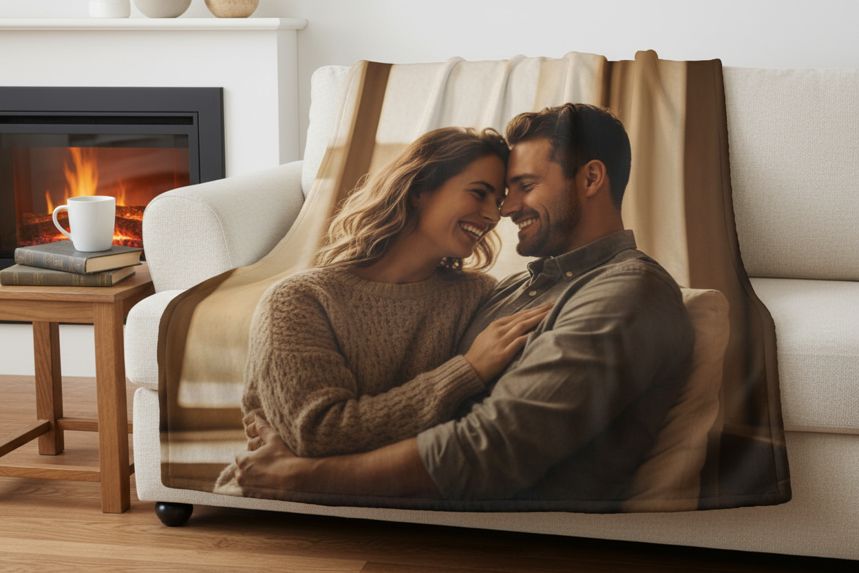 custom blanket of a couple on it 